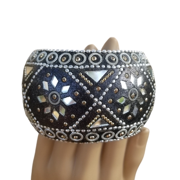 Vintage Jewelry - VINTAGE ORNATE INDIA BOHO MIRROR MOSAIC INLAY DOME BRACELET